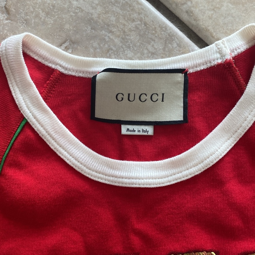 Gucci Red Sequin Logo Ringer Tee - Ribbed Jersey Knit Shirt XXS | EUC - Picture 6 of 8